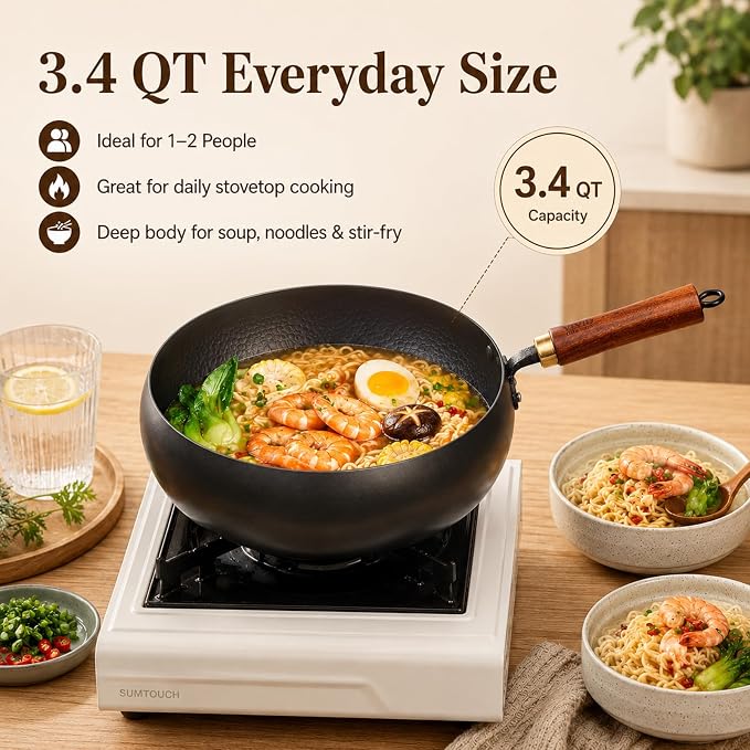 9.4 Inch Carbon Steel Wok with Glass Lid, Big Belly Flat Bottom Stir Fry Pan, Coating-Free Compact Wok Pan for Gas, Electric, Ceramic & Induction, 3.4 QT for 1–3 Servings
