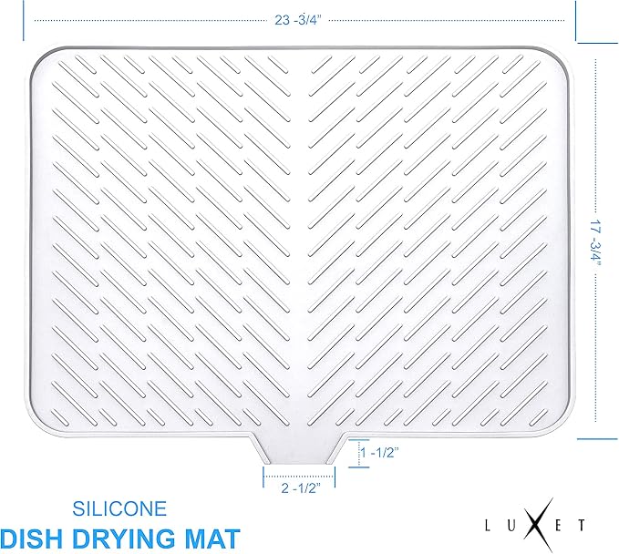 Silicone Dish Drying Mat with Built-in Drain Lip - Hygienic Drying Pad - Sturdy Compact Easy to Clean Tray Protects Surfaces Prevents Water Build Up - 23 X 17 (White)