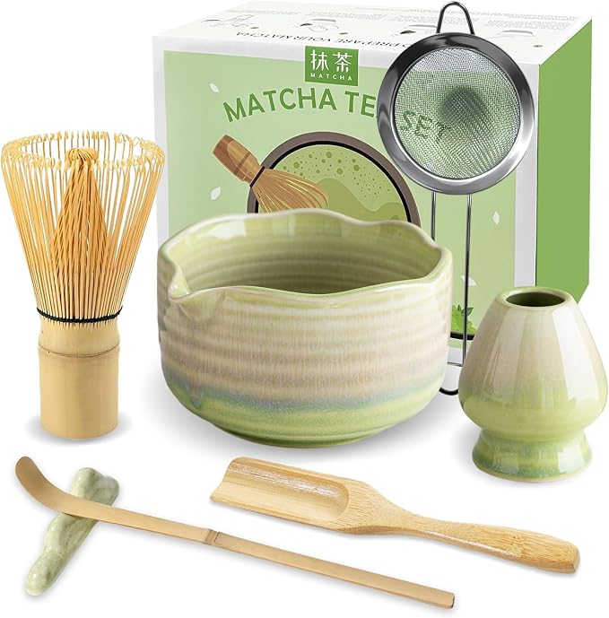 JBER Matcha Set, 7PCS Ceramic Matcha Whisk Set for Matcha Lovers Ceremony | Matcha Kit Gift Includes 17oz Bowl, Bamboo Whisk (Chasen), Holder, Powder Sifter for Matcha Starter, Gradient Green Yellow
