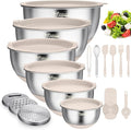 Wildone Mixing Bowls with Airtight Lids, Stainless Steel Mixing Bowls Set | Metal Bowls with 3 Grater Attachments & Non-Slip Bottoms, Size 5, 4, 3, 2,1.5, 0.63QT, Includes Utensil Set for Prep, Khaki