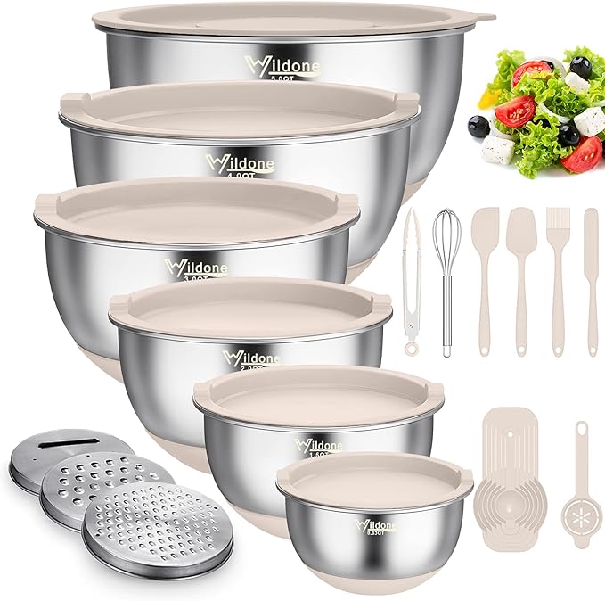 Wildone Mixing Bowls with Airtight Lids, Stainless Steel Mixing Bowls Set | Metal Bowls with 3 Grater Attachments & Non-Slip Bottoms, Size 5, 4, 3, 2,1.5, 0.63QT, Includes Utensil Set for Prep, Khaki