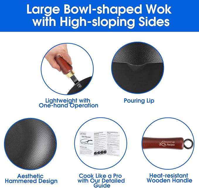 Souped Up Recipes 10 Inch Carbon Steel Wok For Electric, Induction and Gas Stoves (Lid and User Guide Video Included)
