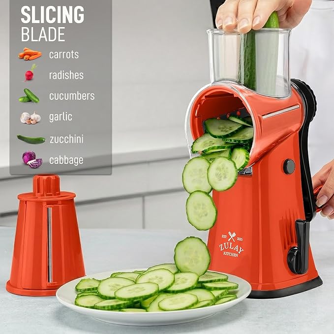 Zulay Kitchen Rotary Cheese Grater 5 Blade Cheese Shredder - Manual Hand Crank Cheese Grater With Reinforced Suction & 5 Interchangeable Drums - Easy to Use, Vegetable Chopper Round Mandoline Slicer