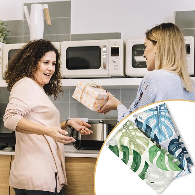 Boho Tropical Kitchen Towels Set of 2, Palm Leaf Botanical Dish Tea Towels for Kitchen Decor, Blue and Green Monstera Leaf Decorative Hand Towels for Bathroom Decor, 16x24 Inches