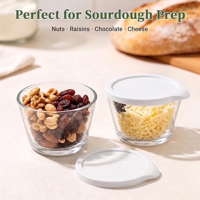 Physkoa 6.3 Qt Glass Sourdough Bowl Kit & 2 Pack 8oz Prep Bowls with Lid | Includes Silicone Lid & Breathable Fabric Cover; Heavy Duty Borosilicate Glass, Perfect for Dough Fermentation & Home Baking
