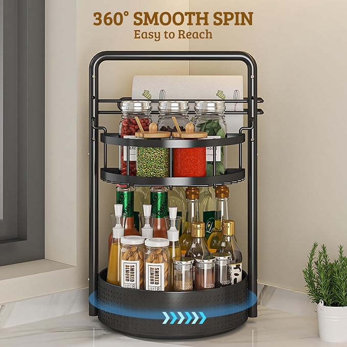 Rotating Spice Rack with Paper Towel Holder, Black | 2 Tier Turntable Lazy Susan, Durable Iron, Seasoning Organizer, For Kitchen Countertop