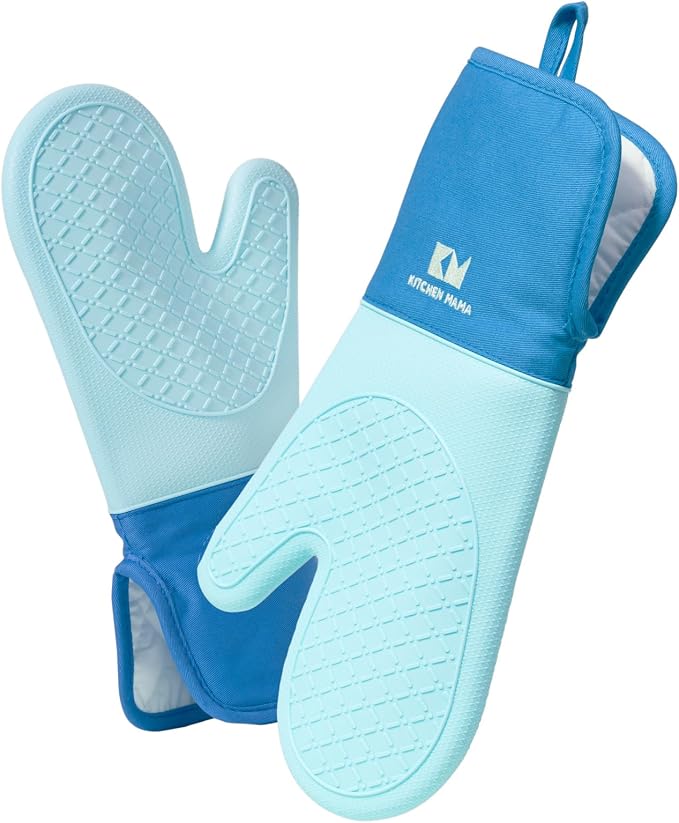 Kitchen Mama UltraShield Silicone Oven Mitts, Blue | Heat Resistant, Non-Slip Surface, Waterproof, Flexible, Durable