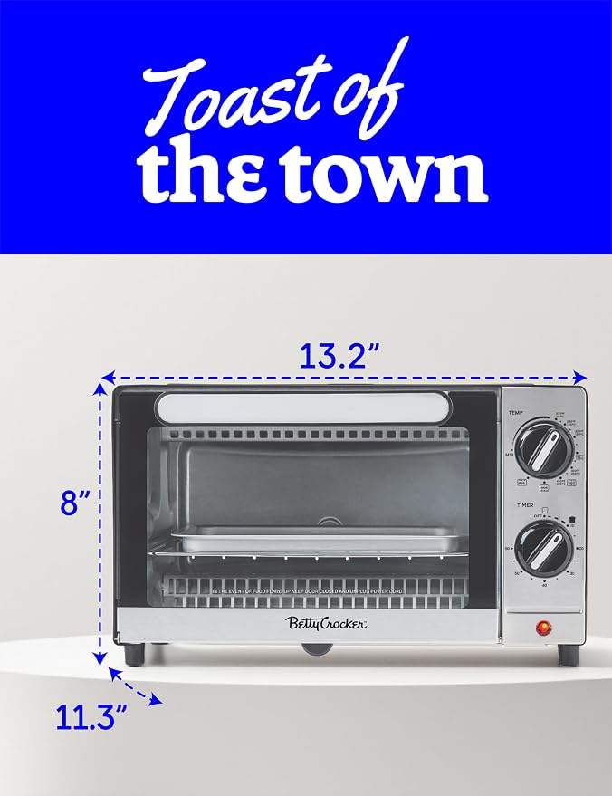 Betty Crocker 9L 2-Slice Toaster Oven, 1000 Watts, BC-5665B, Black/Silver | Chrome Plated Front, Stainless Steel Handle, Bake, Broil & Toast Functions, Easy Control Dials, Includes Baking Pan & Rack