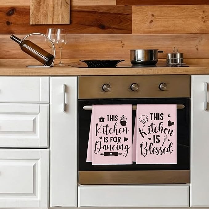 4 Pcs Pink Kitchen Towels Happiness Hand Tea Towels | Absorbent Heart of The Home Quote Decorative Dishcloths with Hanging Loop for Home Housewarming Gift Funny Kitchen Decor