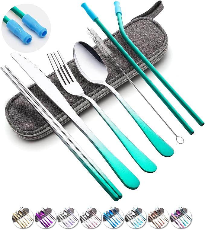 Travel Utensils Set with Case Reusable Portable Cutlery Set Stainless Steel 8pcs Including Dinner Knife Fork Spoon Chopsticks straws(Gradient Green) | Dishwasher Including Dinner Knife Fork Spoon Chopsticks Straws Travel Fork Spoon Knife for Work, Camp...