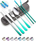 Travel Utensils Set with Case Reusable Portable Cutlery Set Stainless Steel 8pcs Including Dinner Knife Fork Spoon Chopsticks straws(Gradient Green) | Dishwasher Including Dinner Knife Fork Spoon Chopsticks Straws Travel Fork Spoon Knife for Work, Camp...