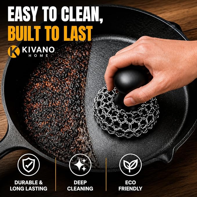 Cast Iron Scrubber with 2 Pan Scrapers – 316L Stainless Steel Chainmail Cleaner for Cast Iron Skillets, Woks, Dutch Ovens & Carbon Steel Pans