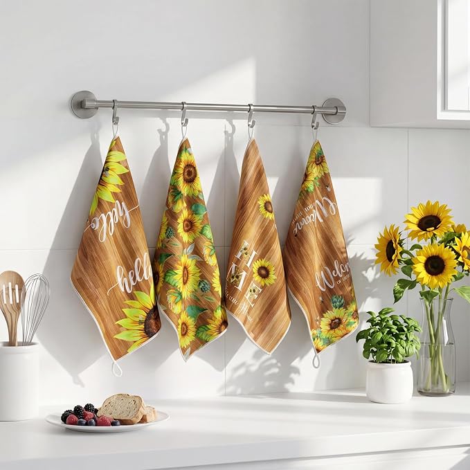 4 Pcs Sunflower Kitchen Towels Gifts Floral Hand Dish Towels | Absorbent Farmhouse Wood Grain Fast Drying Decor Housewarming Gift for Cooking Bathroom Kitchen Decor