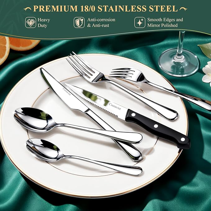 49-Piece Silverware Set with Bamboo Organizer,Flatware Utensil Set for 8 | Heavy-Duty Stainless Steel, Cutlery Set with Steak Knives, Rust-Proof, Dishwasher Safe