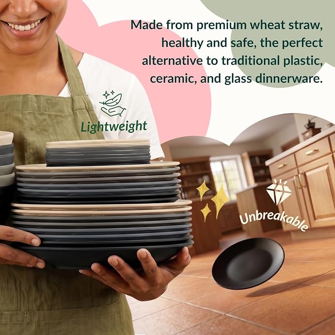 40 PCS Wheat Straw Dinnerware Sets Dishes Set for 8 Unbreakable Plates and Bowls Sets for Kitchen Dishwasher and Microwave Safe Plate Set Camping, Apartment, Kids-Grey Stone