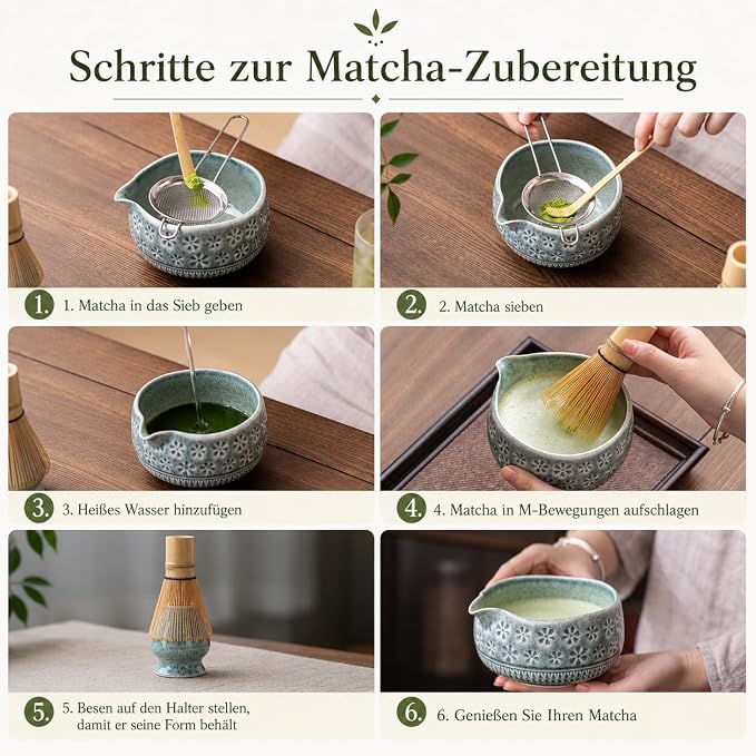 Buucup Blue Matcha Set, Ceramic Bowl Kit with Bamboo Whisk & Tools | Complete 7-piece Japanese-style matcha kit with bowl, whisk, scoop, holder, sifter and tea towel for daily tea rituals.
