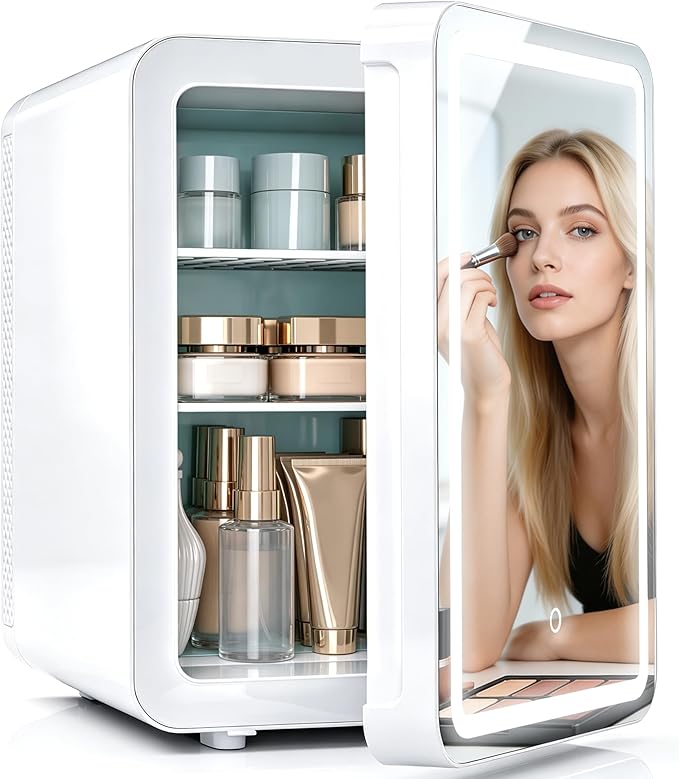Kikihouse 16L/20L Skincare Fridge with LED Mirror, Small Fridge for Makeup | Portable Skin Care Fridge for Beauty, Cosmetics, Personal Mini Refrigerator for Food, Office, Dorm, Car, Cooler & Warmer
