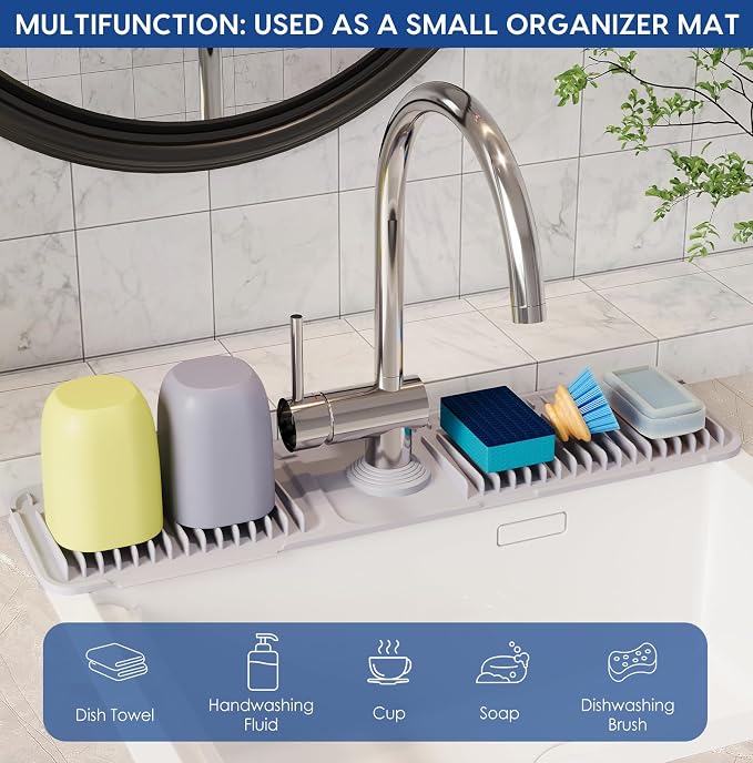 24-Inch Silicone Faucet Mat for Kitchen Sink Splash Guard, 7° Slope | 24"x5.5" water draining mat with fasten button; 1.6-2.75" customizable hole for bathroom, RV & kitchen sink drip catcher.