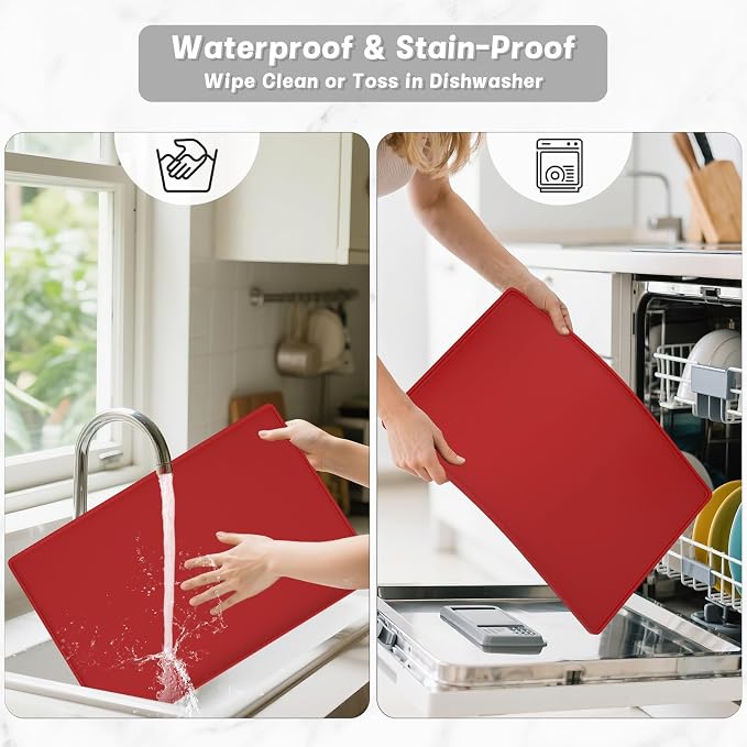 Rnivvi Silicone Coffee Mat, 12" x 19" Waterproof Raised Edge Coffee Bar Mats for Espresso Machine Station Accessories, Heat Resistant Dish Drying Pad for Kitchen Counter, Rubber Bar Decor Pad, Red
