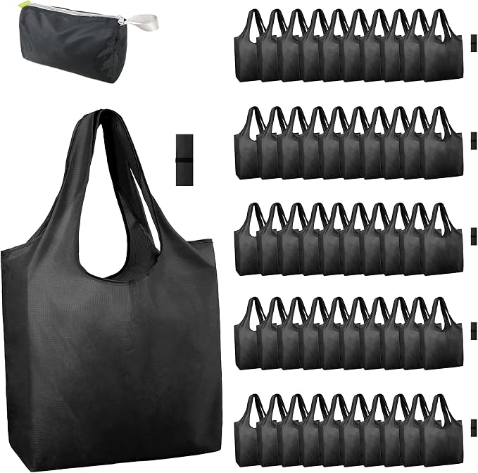 BeeGreen Black Reusable Grocery Bags Wholesale Dark Reusable Kitchen Bags Bulk Foldable-Machine Washable with Zipper Storage Pouch 50 Packs