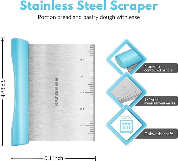 Upgraded 304 Stainless Steel Multi-Purpose Bench Scraper with Measurement Marks, Dishwasher Safe, Dough Cutter for Pizza, Bread and Cookie Dough Vegetable Chopper, Baking Supplies, Blue