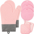 Pink Oven Mitts and Pot Holders 7 Sets, Pink, Rubber Cotton, Stripes | Heat Resistant Kitchen Gloves, Pads Pot Holders for Women, Chritsmas Gifts Kitchen Accessories Gift