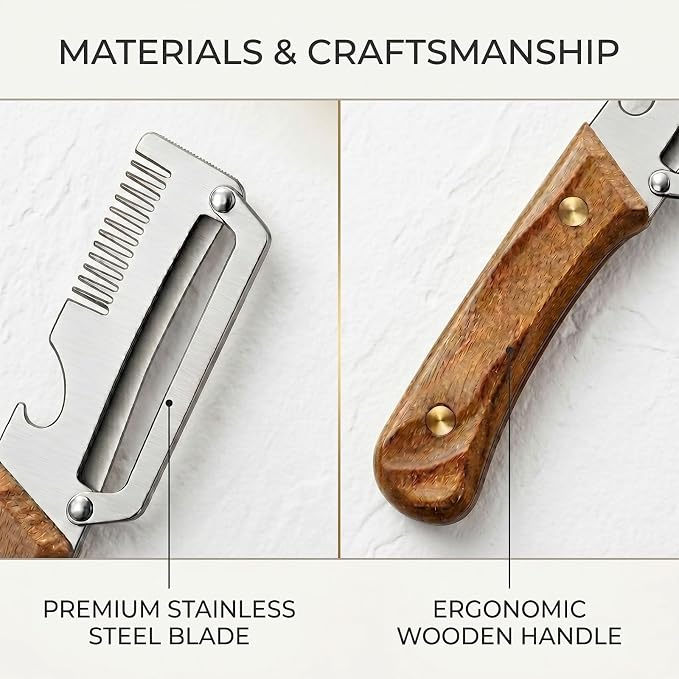 3-in-1 Vegetable Peeler and Julienne Shredder, Combo Pack | Stainless steel 3-in-1 peeler with wood handle, bottle opener and natural loofah sponge for vegetables, scallions and prep.