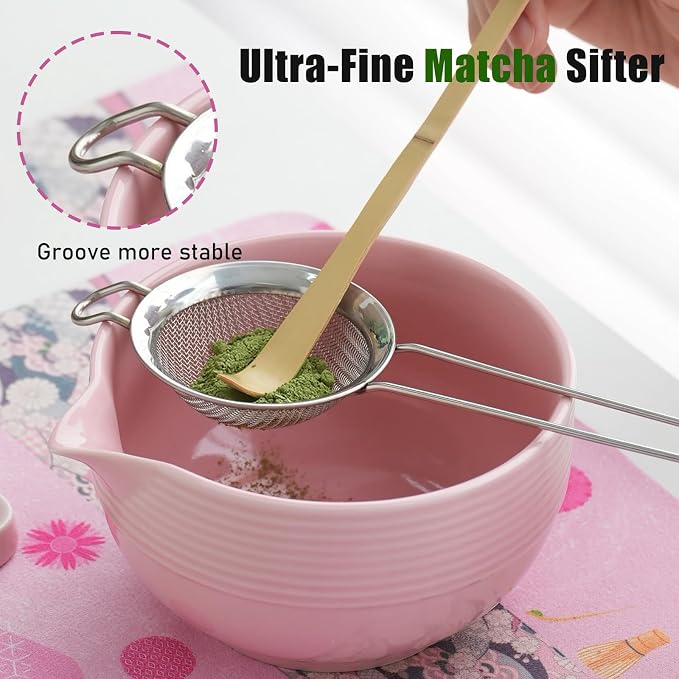 Clay&Fire Matcha Whisk set, 9 pcs Handcrafted Matcha Set for Beginner | Matcha Bowl with Spout and Whisk, Matcha Tea Kit for Matcha Lovers, Ideal Gift for Friend (Light pink)