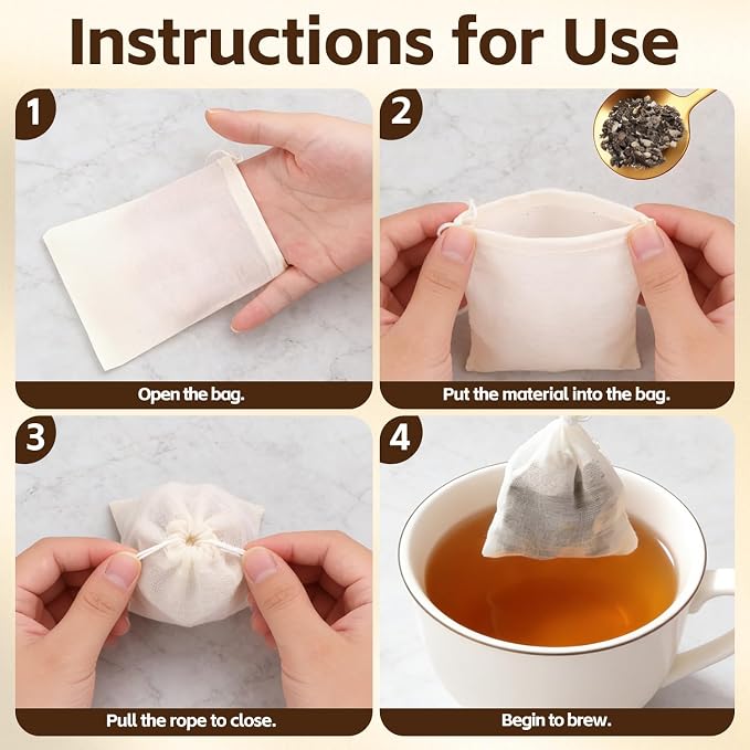 50 Pcs Tea Bags for Loose Leaf Tea, Reusable Tea Bags, Natural Unbleached Cotton Drawstring Sachet Bags, Empty Tea Bags for Spice, Herbs, Sachet & Filter Bags (3 x 4 Inches)