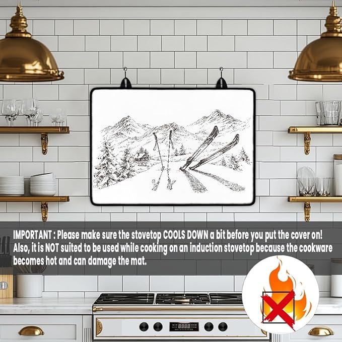 Winter Mountains Panorama Stove Top Covers for Electric Stove, White Sketch Glass Stovetop Cover with Lanyard Snowy Cottage Ski Pattern Countertop Protector Mat for Kitchen 28 x 20 Inch