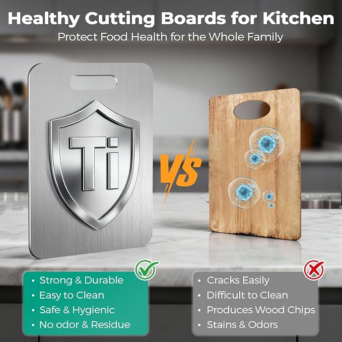 Katori Titanium Cutting Board - Upgraded 100% Pure Titanium Cutting Boards for Kitchen Non Toxic, Double Sided Food Grade Hygiene Non Moldy Dishwasher Safe Meat Fruit Metal Board (2PC S+L)