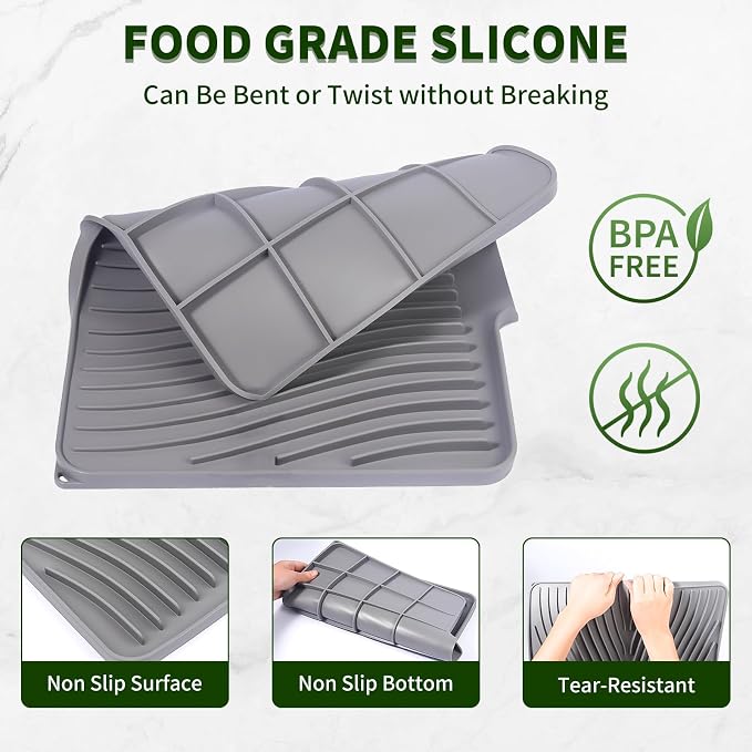 Silicone Dish Drying Mat for Kitchen Counter, 16" x 13" Grey-1pcs | Heat Resistant & Non-Slip Dish Drain Pad with Built-In Drain, Quick-Dry, Hangable & Roll-Up for Storage，Multi-Functional Use