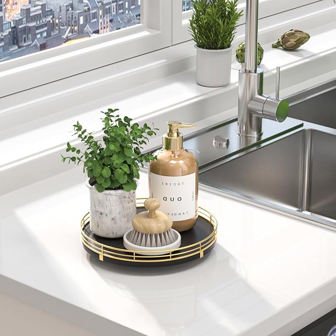 Oroyutor 9-Inch Oak Lazy Susan Vanity Tray, Gold Finish | Rotating oak tray organizes spices, toiletries and decor on kitchen counters, bathroom vanities, dining and coffee tables.