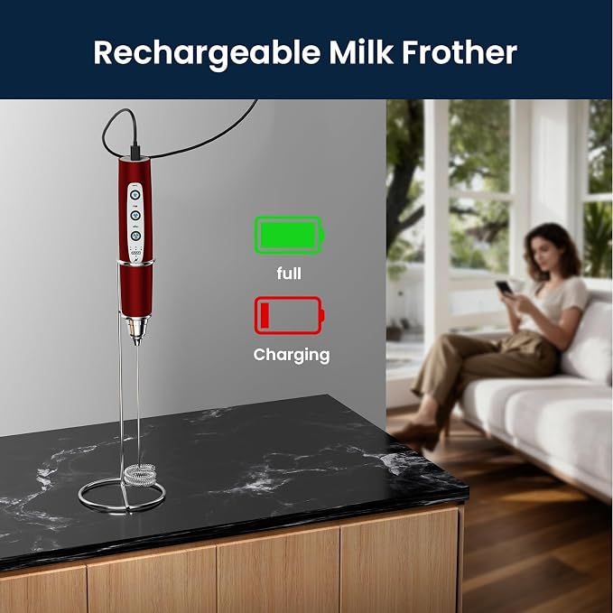 Milk Frother Wand Rechargeable Handheld Electric Whisk 3 Speed Adjustable | Coffee Frother Wand with 3 Stainless Whisks Electric Foam Maker Drink Mixer Blender for Latte Cappuccino Matcha Egg
