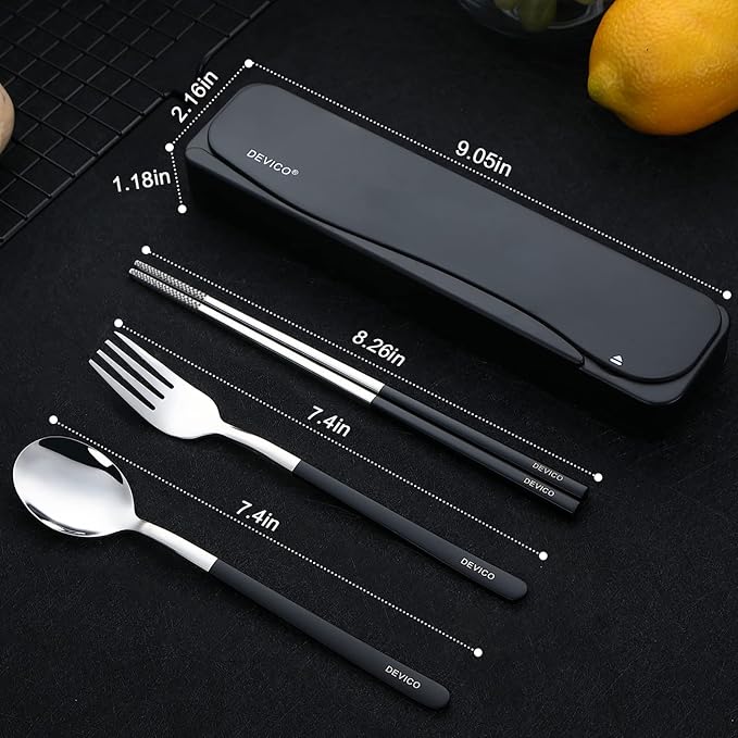 DEVICO Travel Utensils with Case, 4Pcs Portable Silverware Set for Work, 18/8 Stainless Steel Reusable Cutlery, Korean Spoon and Chopsticks Fork for Camping, School, Lunch Box Accessories (Black)