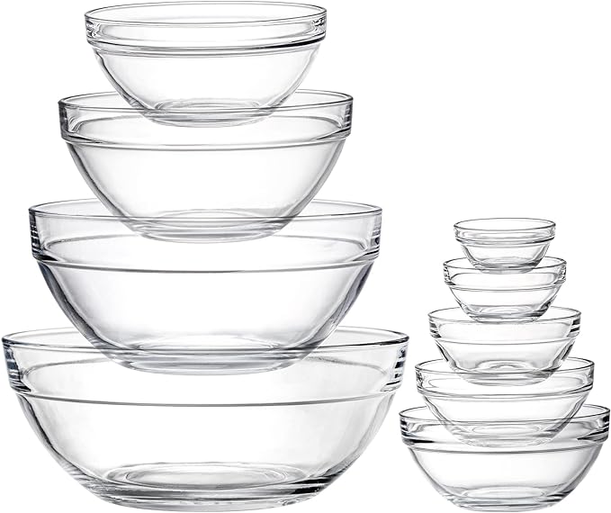Lawei Set of 9 Glass Mixing Bowls - Glass Nesting Bowls Prep Bowl Clear Salad Bowls for Kitchen Prep Salad, Cereal, Ice Cream, Pasta, Fruits