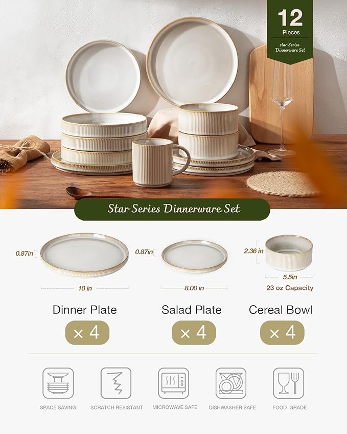 Famiware Star Stoneware Dinnerware Set, Reactive Glaze Plates & Bowls for 4 | 12 pcs Handmade Ribbed Dishes, Chip & Scratch Resistant Ceramic. Microwave & Dishwasher Safe, Modern Luxury, Cappuccino White