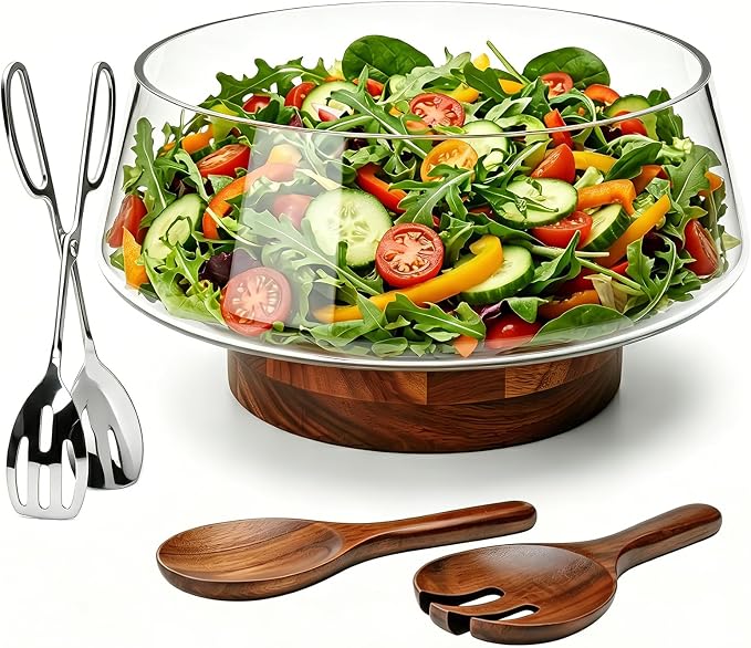 Large Glass Salad Bowl Set with Acacia Wood Base | Salad Bowl Wood Serving Utensils Included for Family Dinners, Parties, Gatherings, Multipurpose Oversize Glass Bowl for Salad