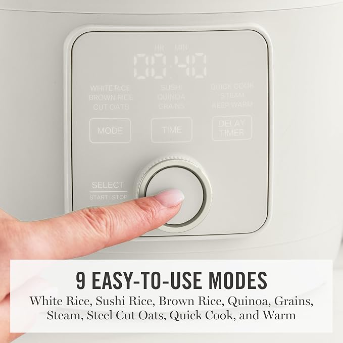 Martha Stewart 8 Cup Cooked (4 Cup Uncooked) Rice Cooker & Steamer, Linen | PFAS-Free Ceramic Nonstick Removable Pot, 9 Modes, Keep Warm, Steamer, White & Brown Rice, Quinoa, Grains, Oats, Easy Clean