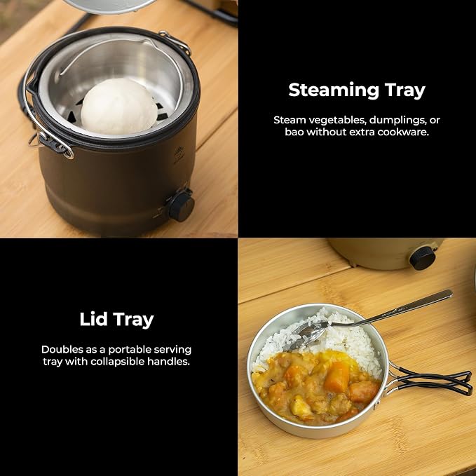Electric Outdoor Cooker, Portable Hot Pot & Steamer, Rice Cooking Mode, Non-Stick 500W Camping Stove, 3 Heat Settings, 800ml Capacity, Auto Keep Warm, Plug-in for Power Stations (Black)