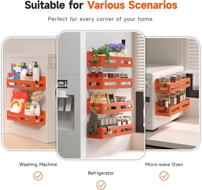4-Pack Magnetic Spice Rack for Refrigerator with Hooks, Orange | Strong multipurpose magnetic shelf for kitchen & bathroom organization. Includes 4 removable hooks for hanging items.