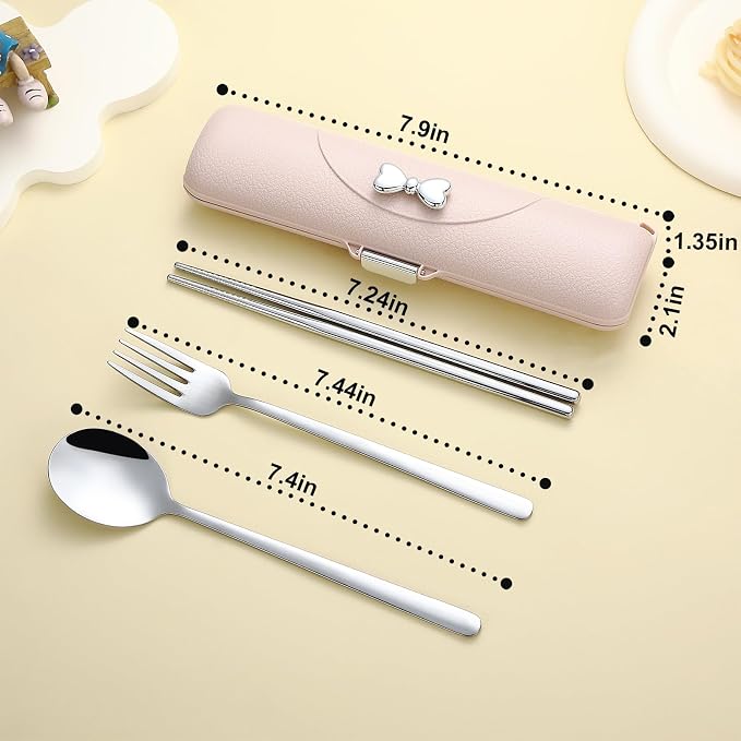 DEVICO Travel Silverware Set with Case,Portable Lunch Utensils Set for Work | 4Pcs 18/8 Stainless Steel Reusable Travel Cutlery Set, Fork and Spoon Set for Camping/School/Lunch Box, Dishwasher Safe, Pink