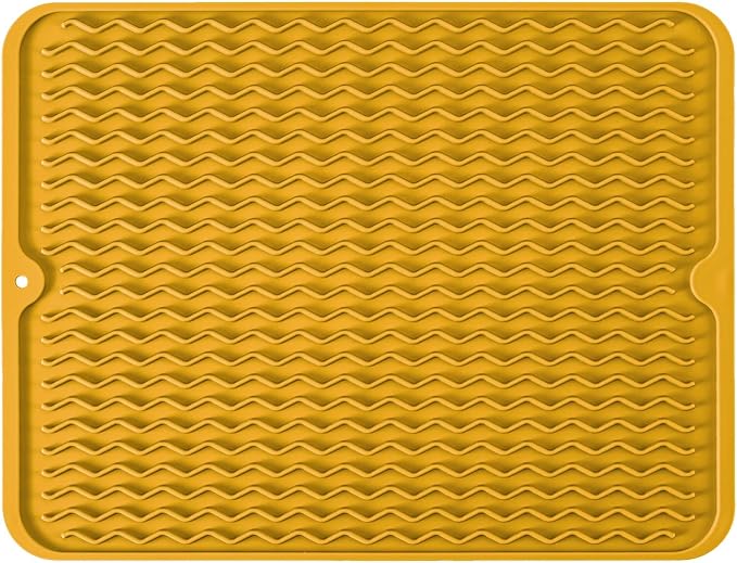 Silicone Dish Drying Mat, Non-Slip Easy Clean Sink Mat, Yellow, 17" x 14" | Quick-Dry Ridges, Large Heat-resistant Dish Drainer Mat for Kitchen Counter, Hangable & Roll-Up for Storage, Dishwasher Safe