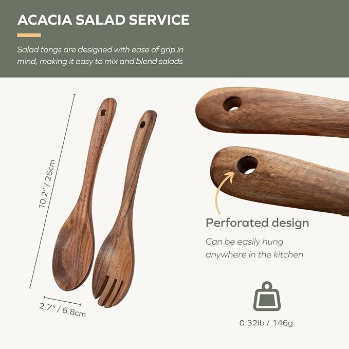 Muso Wood Acacia Salad Servers, 10-inch, Set of 2 | Wooden Salad Tongs for Serving Salad Mixes