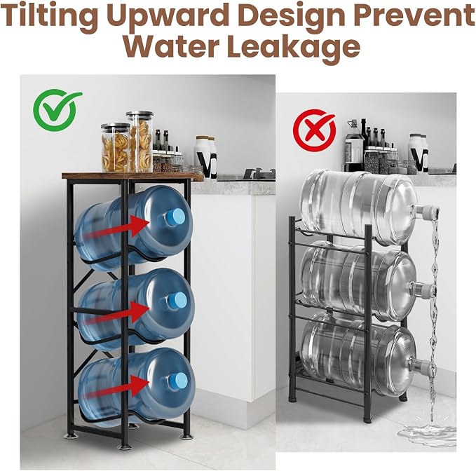 5 Gallon Water Jug Holder, 3-Tier Water Bottle Holder with Wood Top Shelf, Heavy Duty Water Cooler Jug Rack, Water Dispenser Storage Stand for Office and Living Room