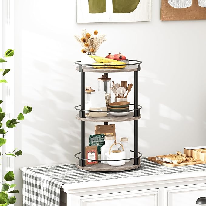 3-Tier Lazy Susan Organizer, Rotating Spice Rack, Spinning Organizer, Industrial Turntable Spice Rack Organizer for Cabinet, Kitchen Countertop, Greige and Black SR23BG