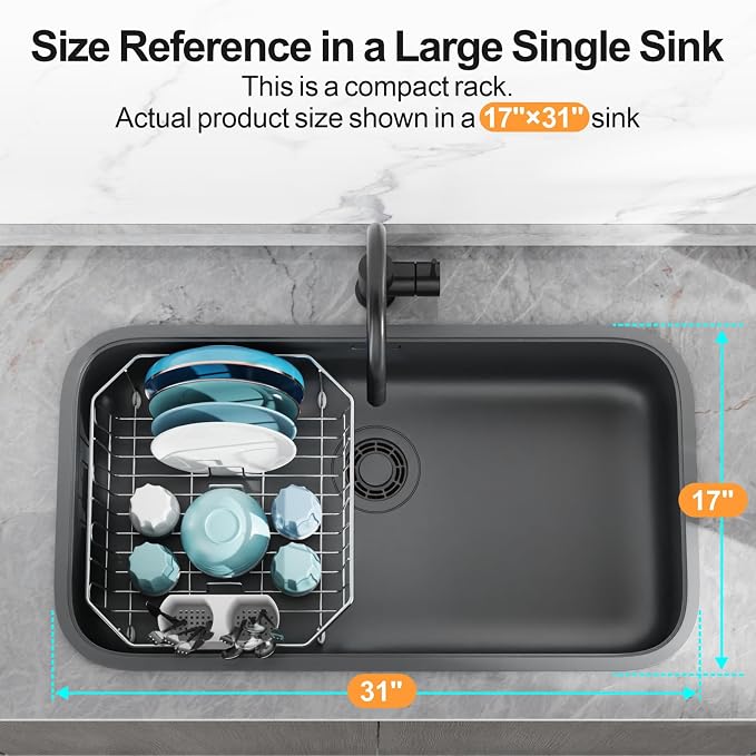 Small in Sink Dish Drying Rack - Stainless Steel for RV Kitchen | Compact Design, Rust-Resistant, Angled Corners Fit Square & Round Sinks, Removable Utensil Holder, Cup Hooks, 13.1"W x 14.4"L