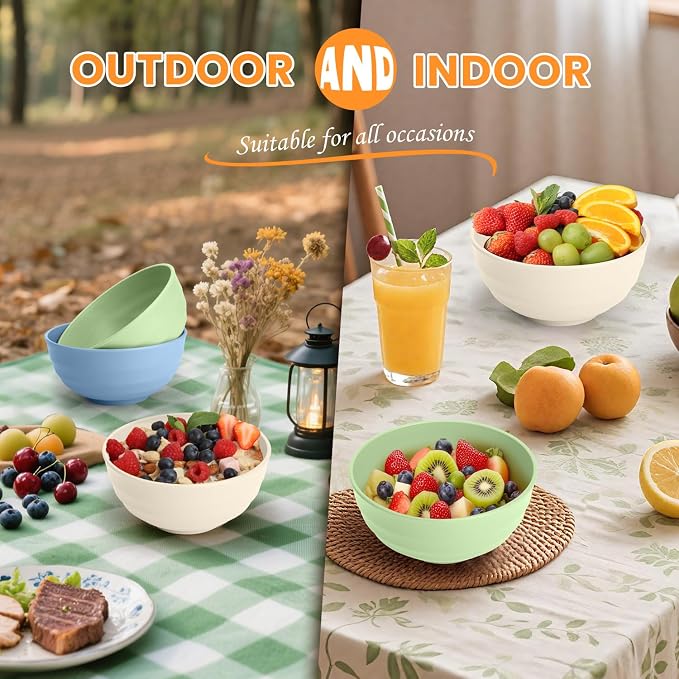 Large Wheat Straw Bowls 60oz Light Color Bowl Set of 8 - The Ultimate All-in-One Set for Salad, Soup, Cereal & Oatmeal, Microwave Safe & Unbreakable