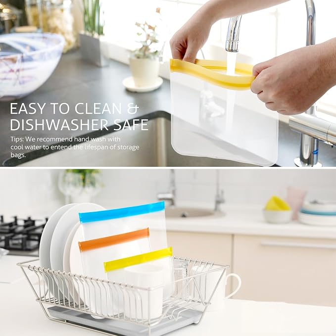10 Pack Reusable Gallon Freezer Bags, Multicolor | Dishwasher Safe Silicone Food Snack Storage Bags with 3 Sizes for Snack, Sandwich, Lunch