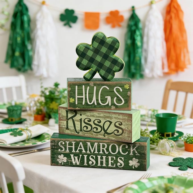 Lineshading 4 Pcs Shamrock Wooden Block Signs for Tiered Tray Home Decor | Rustic Farmhouse Table Ornaments, Buffalo Plaid Clover Topper, Stacked Signs Hugs Kisses Shamrock Wishes, St Patrick Decor
